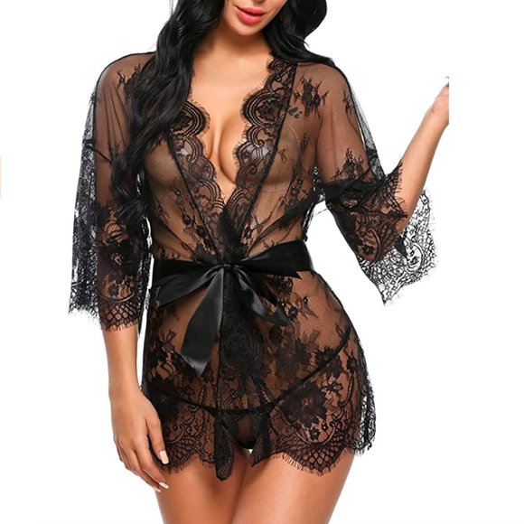 Black Lace Lingerie Robe And Thong Set With Satiny Belt - Picture 2 of 16